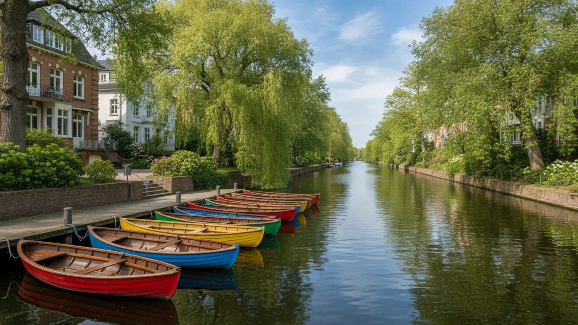 Alsterkanal in Hamburg-Winterhude mit bunten Ruderbooten am Steg und Villengärten am Ufer, KI-generiert