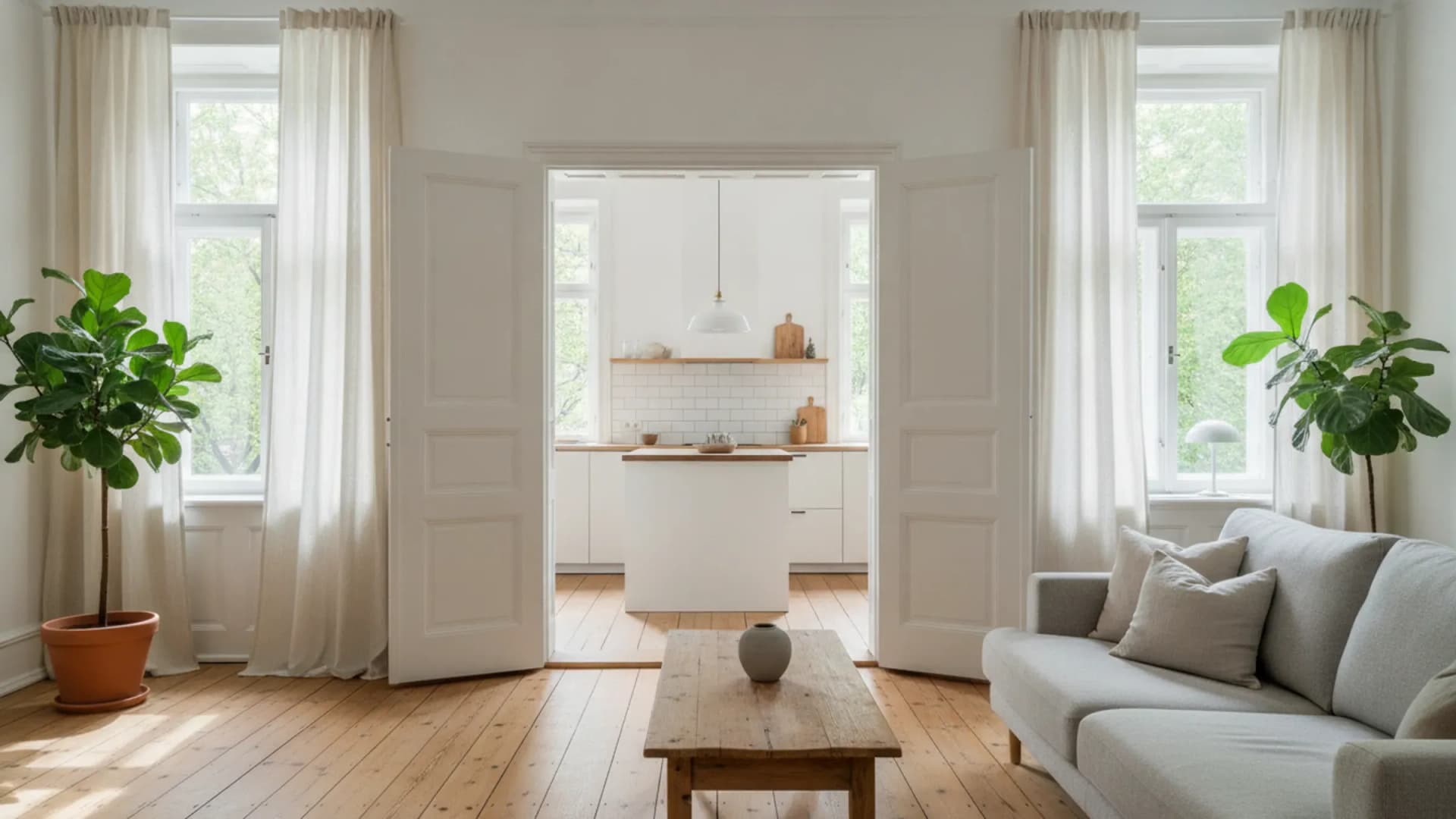 Helles, reduziert eingerichtetes Altbau-Wohnzimmer mit grauem Sofa, Leinenvorhängen und Holzdielen, KI-generiert