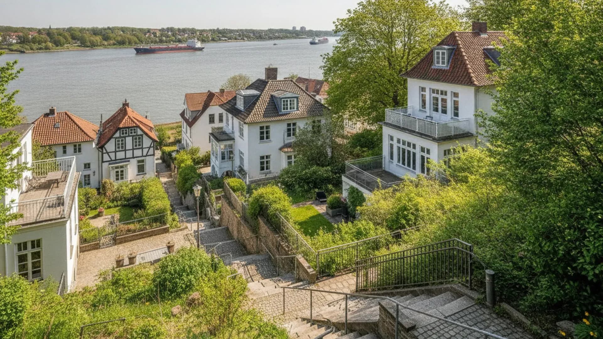 Treppenviertel in Hamburg-Blankenese mit schmalen Treppen und weißen Kapitänshäusern am Elbhang, KI-generiert