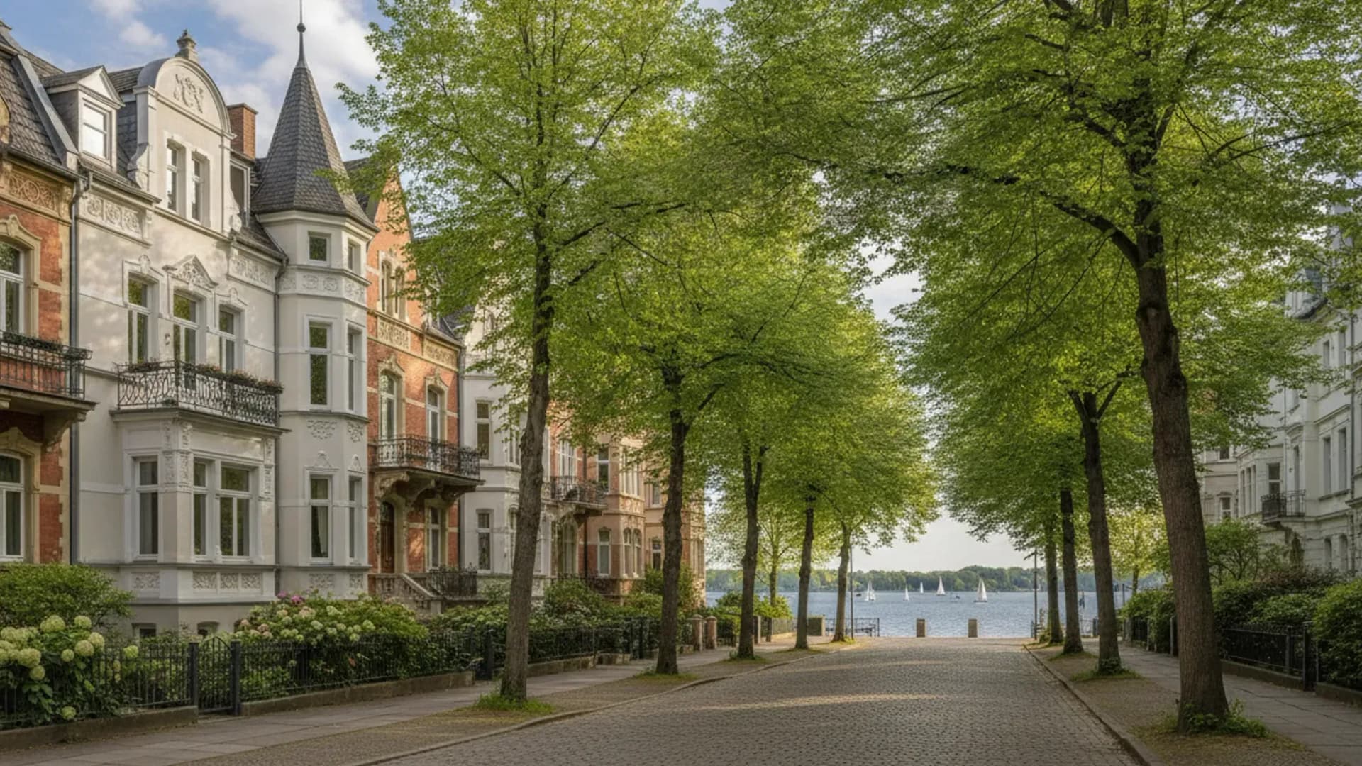 Gründerzeitvillen an einer ruhigen Straße in Hamburg-Harvestehude mit Blick zur Außenalster, KI-generiert