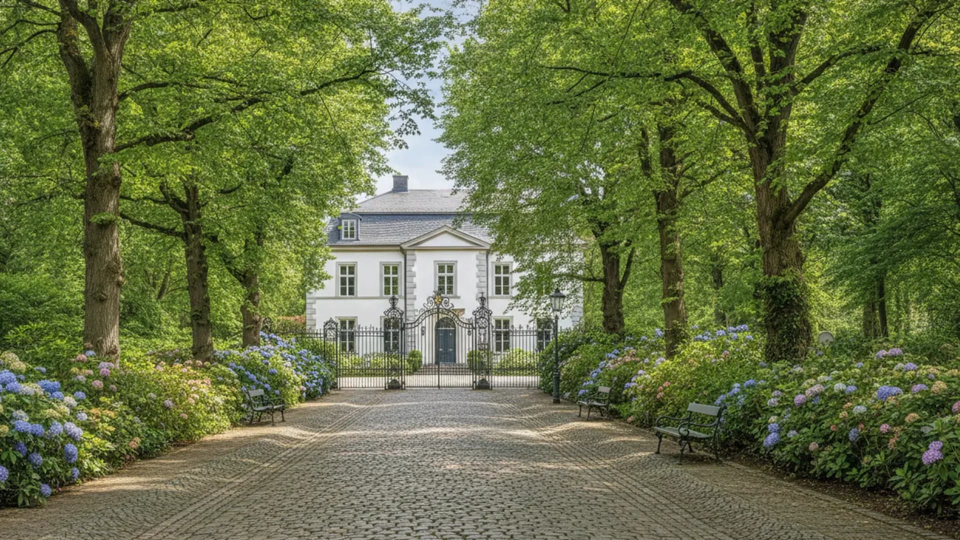 Weißes Landhaus hinter altem Baumbestand an einer Kopfsteinallee in Hamburg-Nienstedten nahe dem Jenischpark, KI-generiert