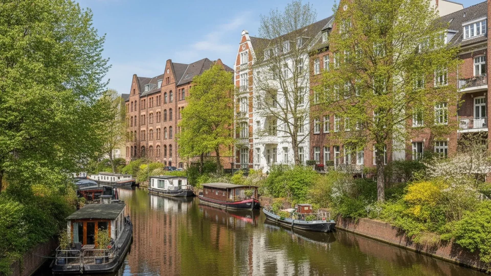 Klinker- und Stuckhäuser mit Hausbooten am Goldbekkanal in Hamburg-Winterhude, KI-generiert