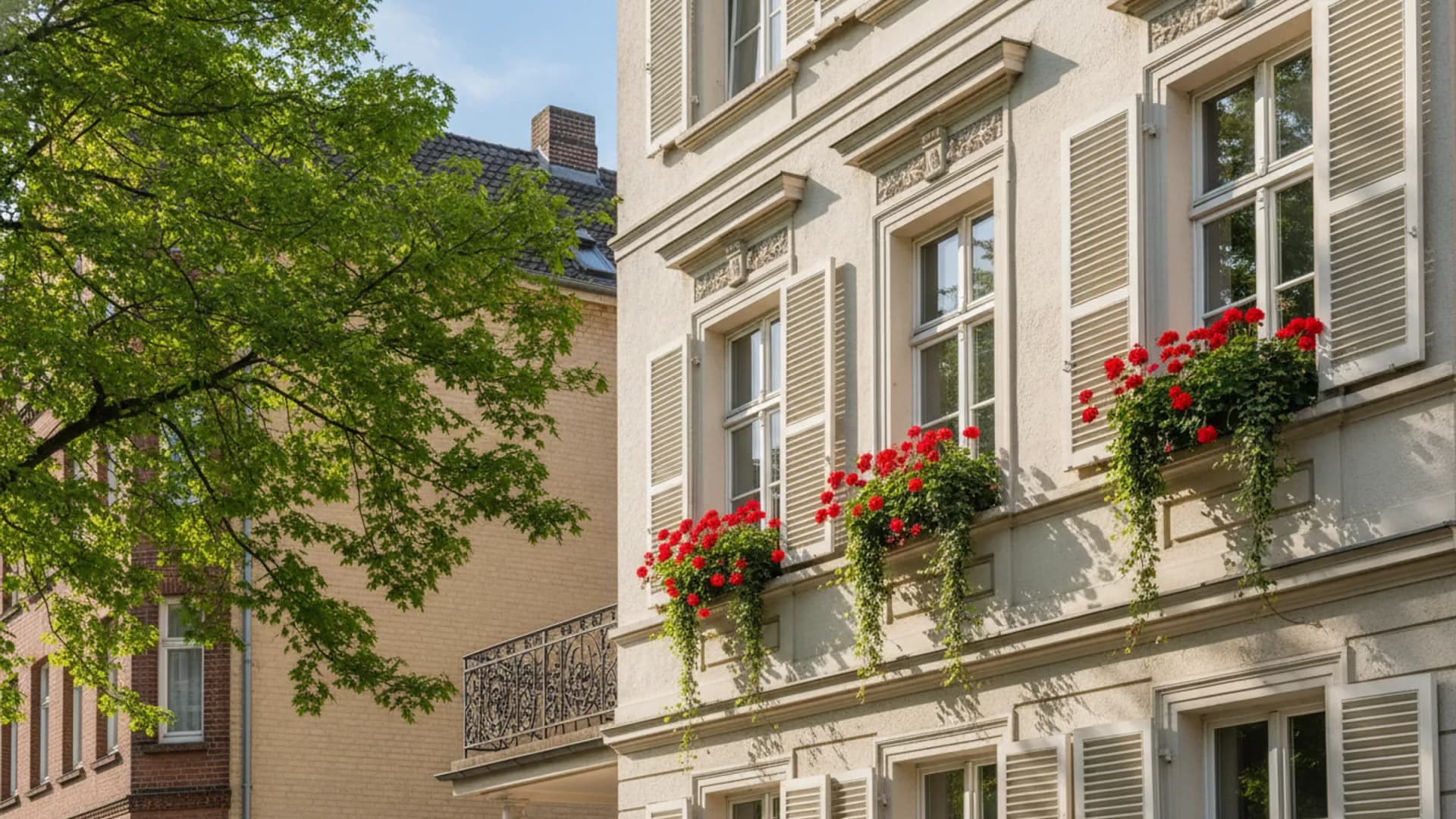 Stuckfassade in Hamburg-Pöseldorf mit Fensterläden und Geranien in Blumenkästen, KI-generiert