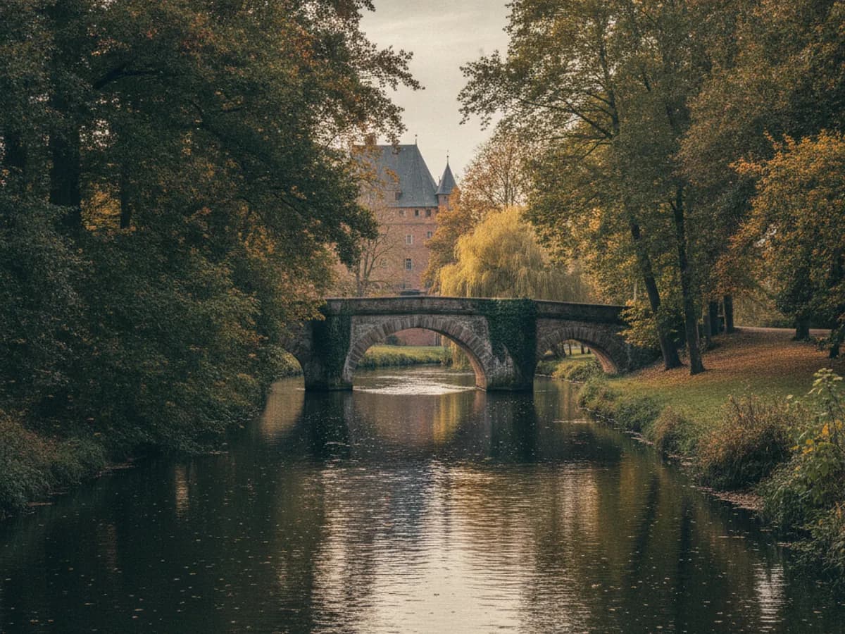Wasserlauf der Bille mit Ufergehölz und Brücke am Bergedorfer Schlosspark