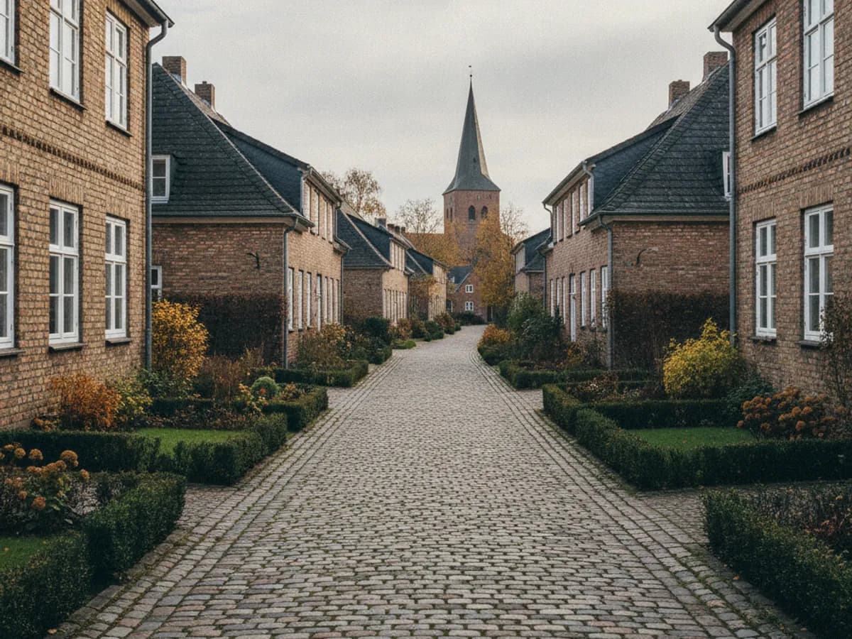 Backsteinhäuser eines alten Ortskerns mit Vorgärten in Hamburg-Billstedt