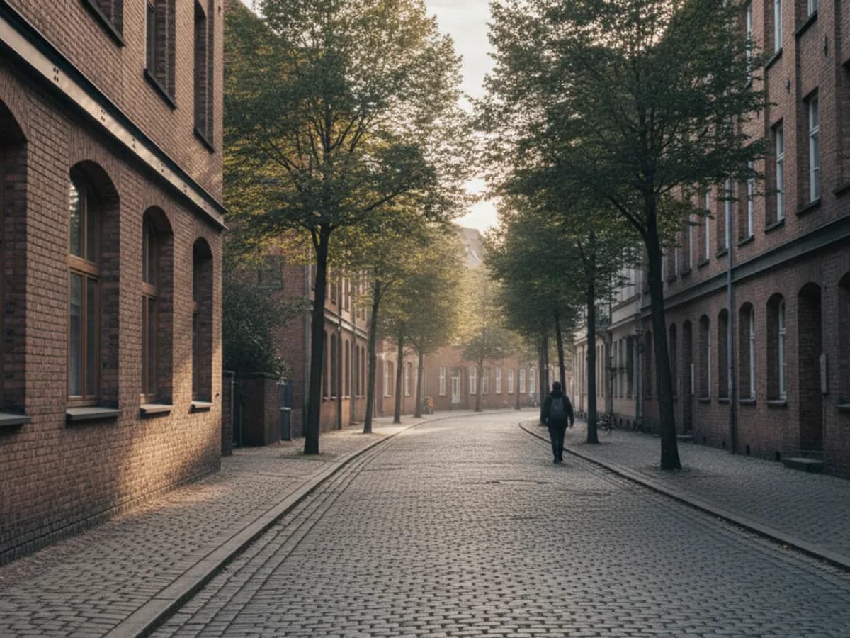 Ruhige Wohnstraße mit Nachkriegszeilen und Bäumen in Hamburg-Borgfelde