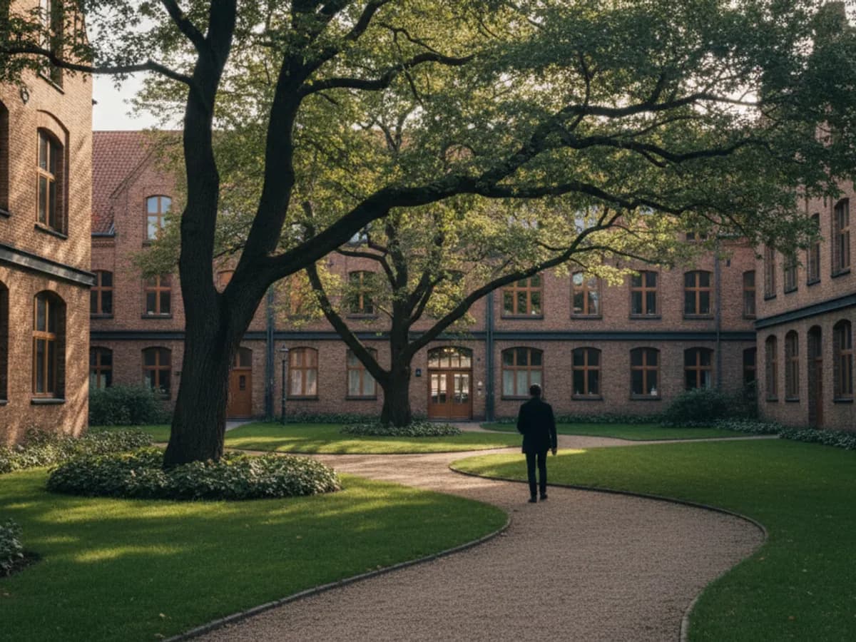 Grüner Wohnhof zwischen Backsteinbauten mit Wäschespinnen und Bäumen in Hamburg-Dulsberg
