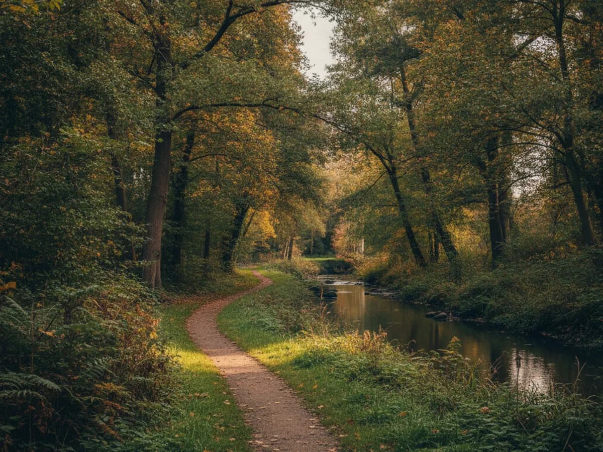 Grüner Wiesenweg an der Mühlenau mit Ufergehölz in Hamburg-Eidelstedt