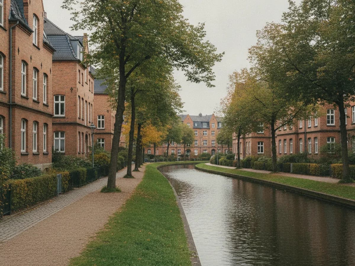 Ruhige Wohnstraße mit rotem Backstein und Vorgärten in Hamburg-Eilbek