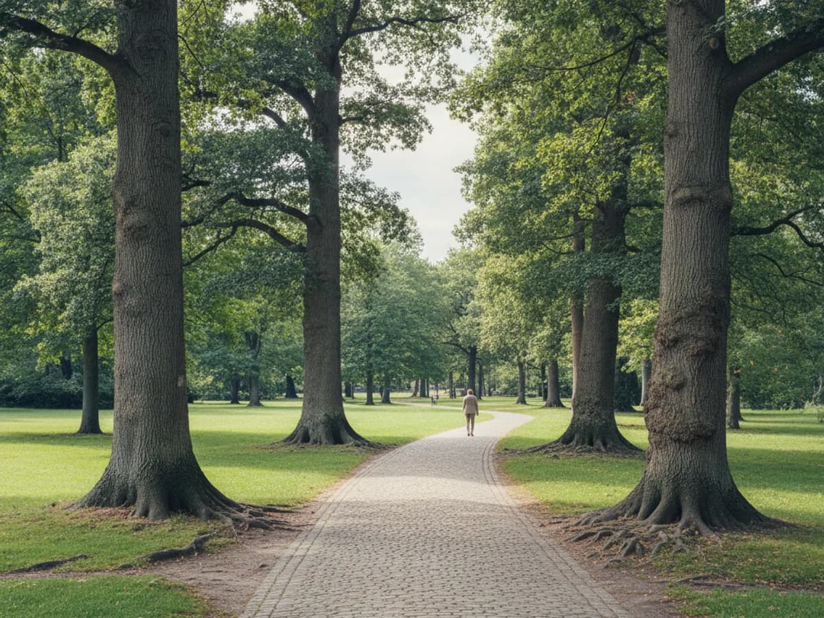 Parkweg mit altem Baumbestand im Hammer Park in Hamburg-Hamm