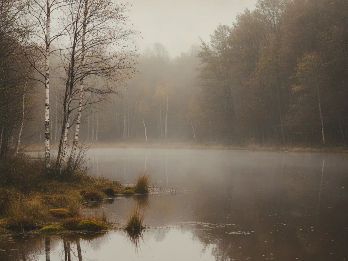 Moorweiher mit Birken und Gehölz im Raakmoor in Hamburg-Langenhorn