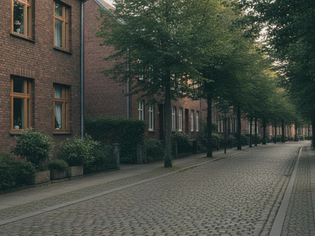 Wohnstraße mit Backsteinzeilen und Bäumen in Hamburg-Lohbrügge