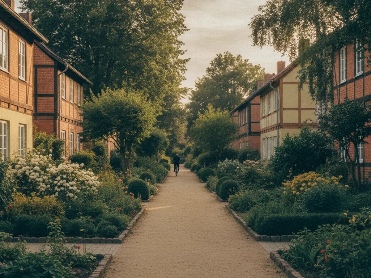 Grüner Wohnweg zwischen Siedlungshäusern im Flüsseviertel in Hamburg-Lurup
