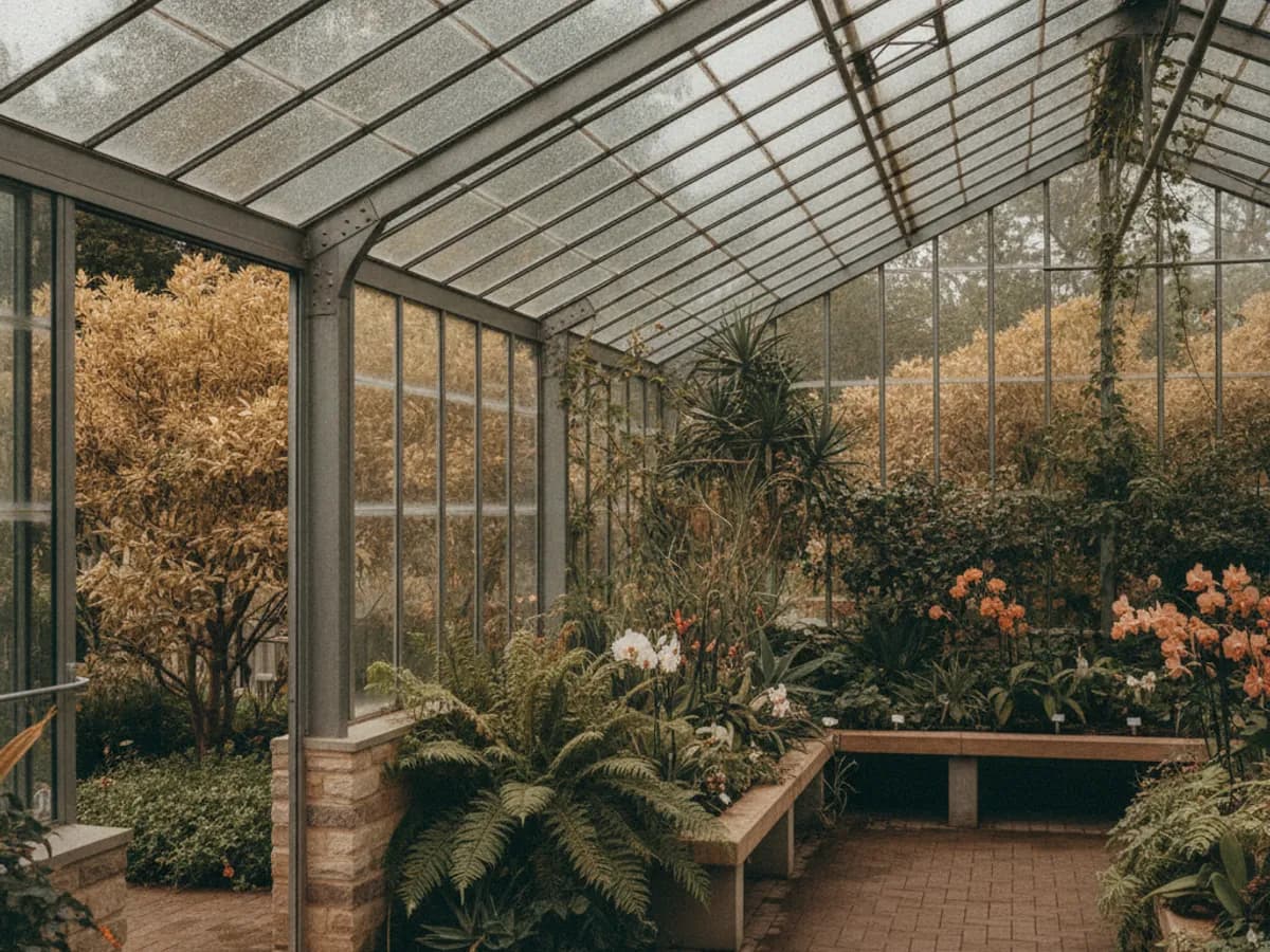 Gewächshaus und Staudenbeete im Loki-Schmidt-Garten am Rand von Hamburg-Osdorf
