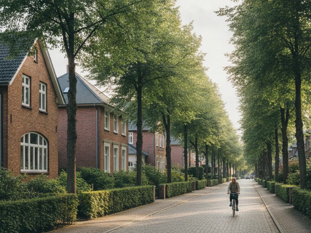 Einfamilienhausstraße mit Hecken und Vorgärten nahe der Frohmestraße in Hamburg-Schnelsen