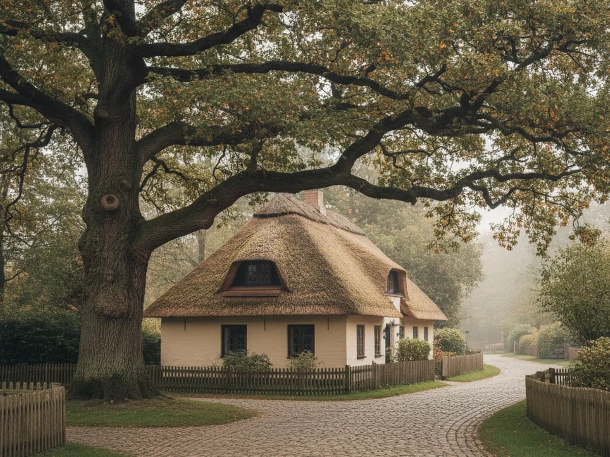 Dorflage mit reetgedecktem Haus und Bäumen in Hamburg-Sülldorf