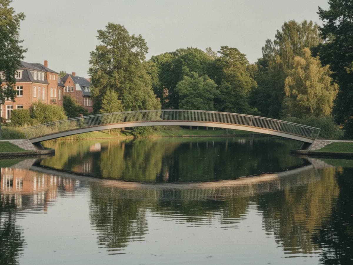 Weite Parklandschaft mit See und Brücke im Inselpark in Hamburg-Wilhelmsburg