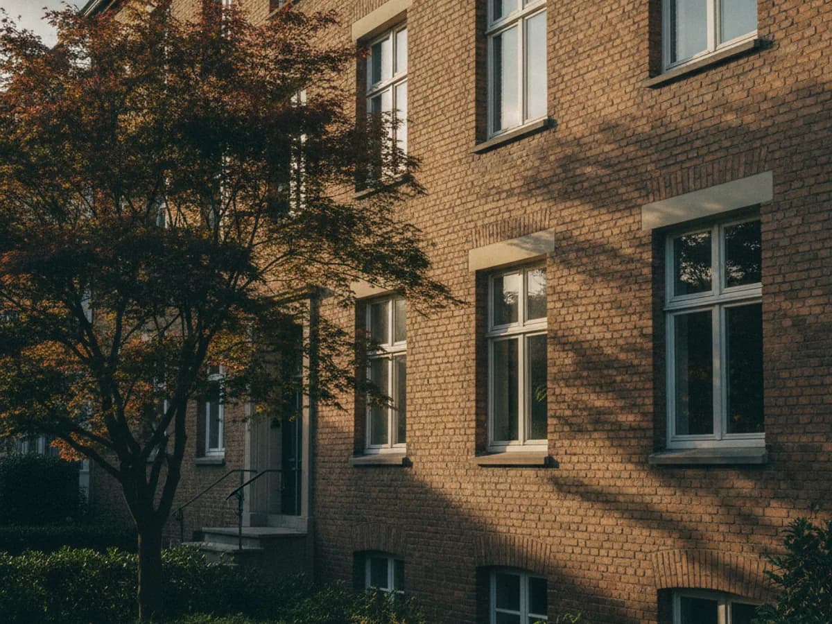 Wohnstraße mit Backsteinzeilen und Vorgärten in Hamburg-Wilstorf