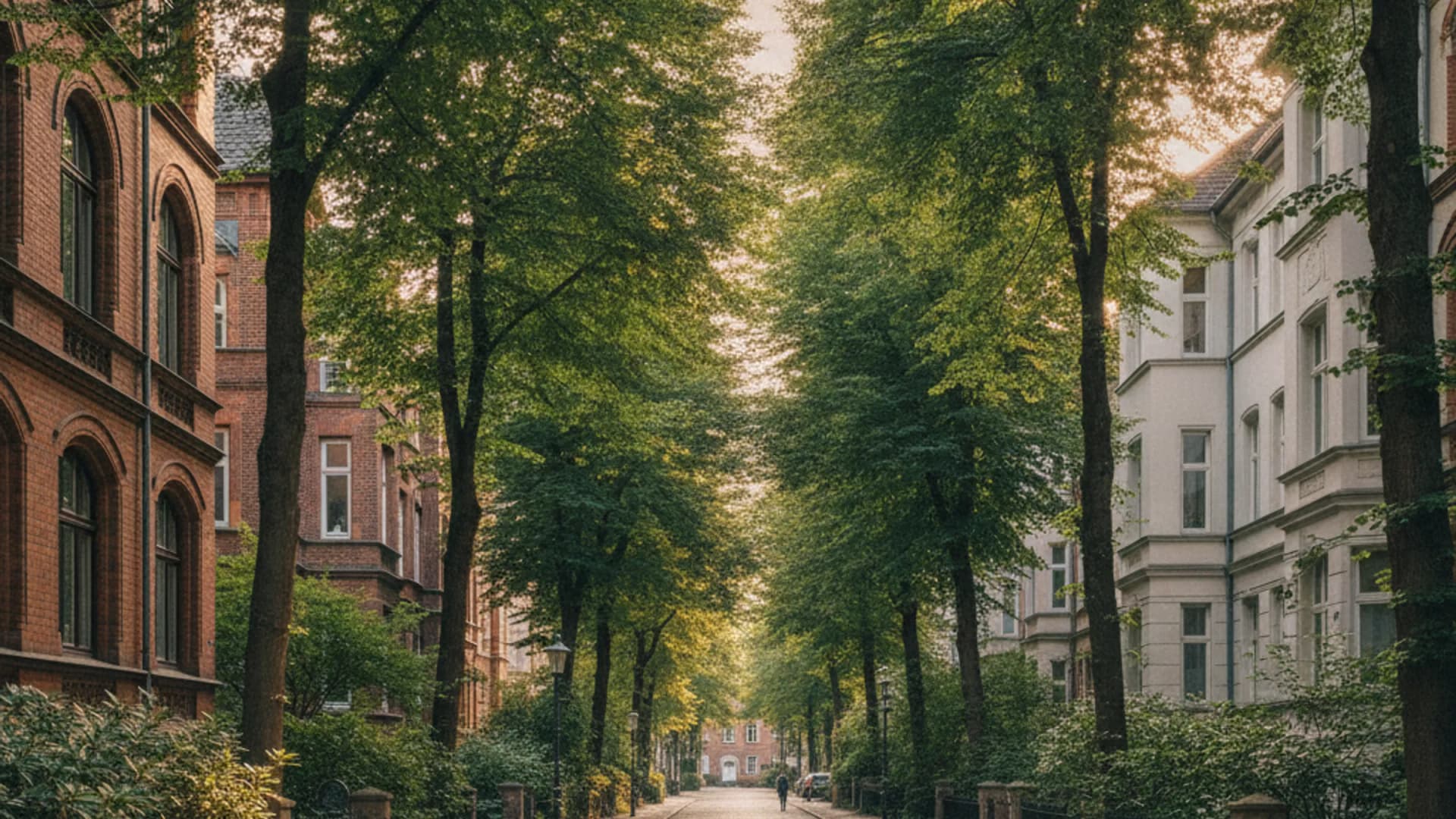 Backsteinzeile mit Vorgärten nahe dem Volkspark in Hamburg-Bahrenfeld
