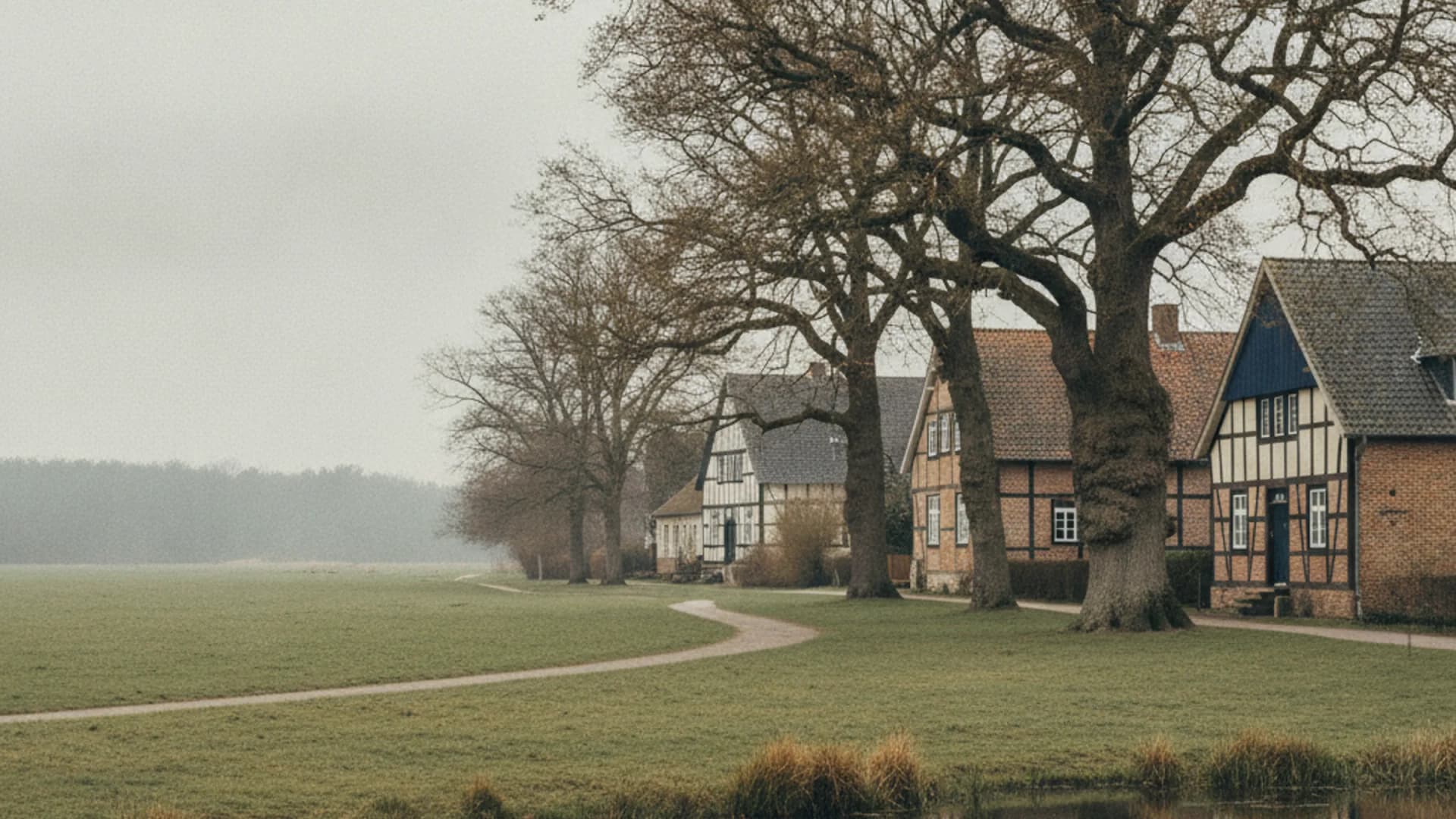 Dorfkern von Hamburg-Duvenstedt mit Landhäusern und alten Bäumen am Übergang zum Duvenstedter Brook