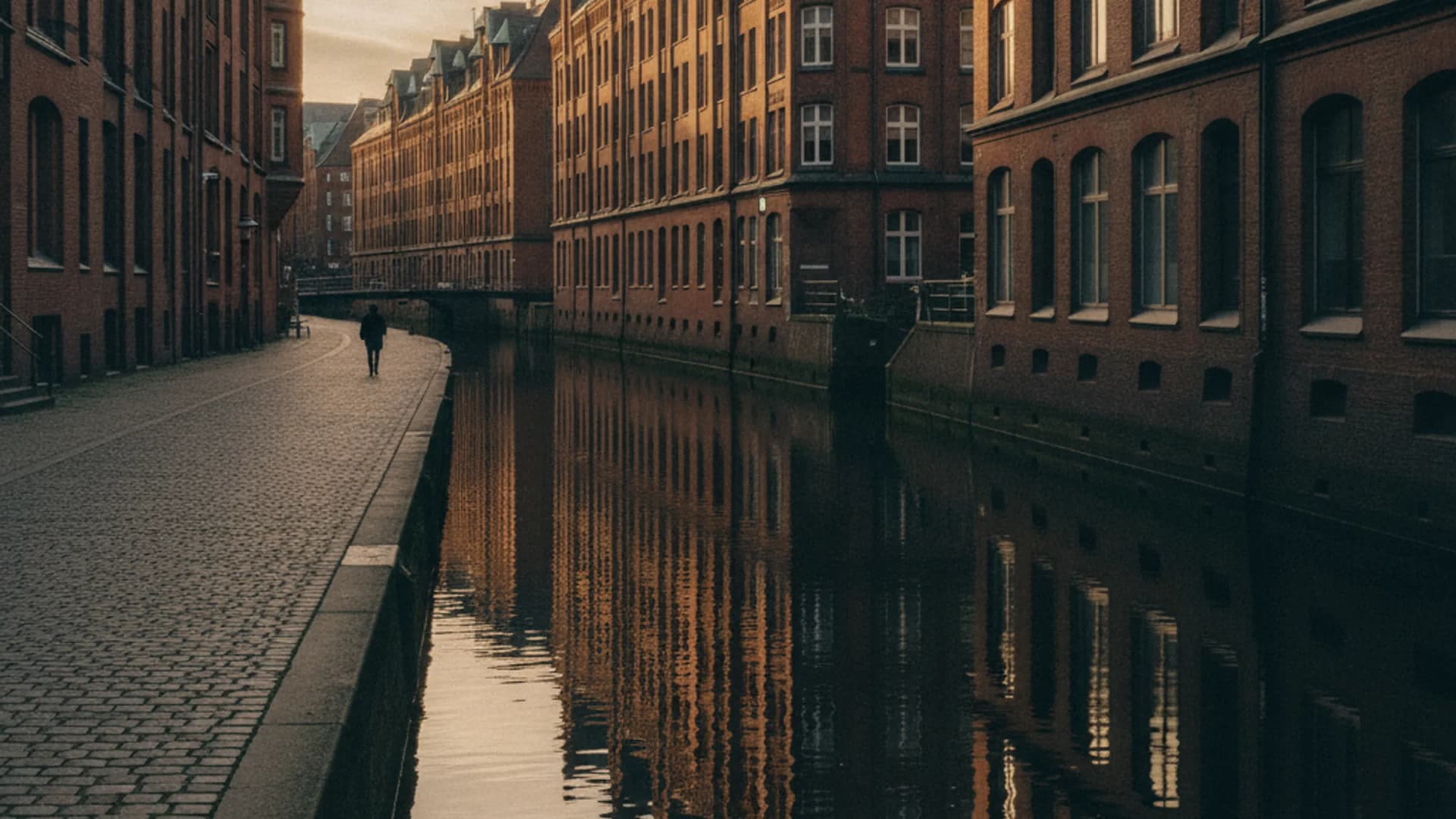Stadtkanal mit Kontorfassaden und Uferpromenade in Hamburg-Hammerbrook