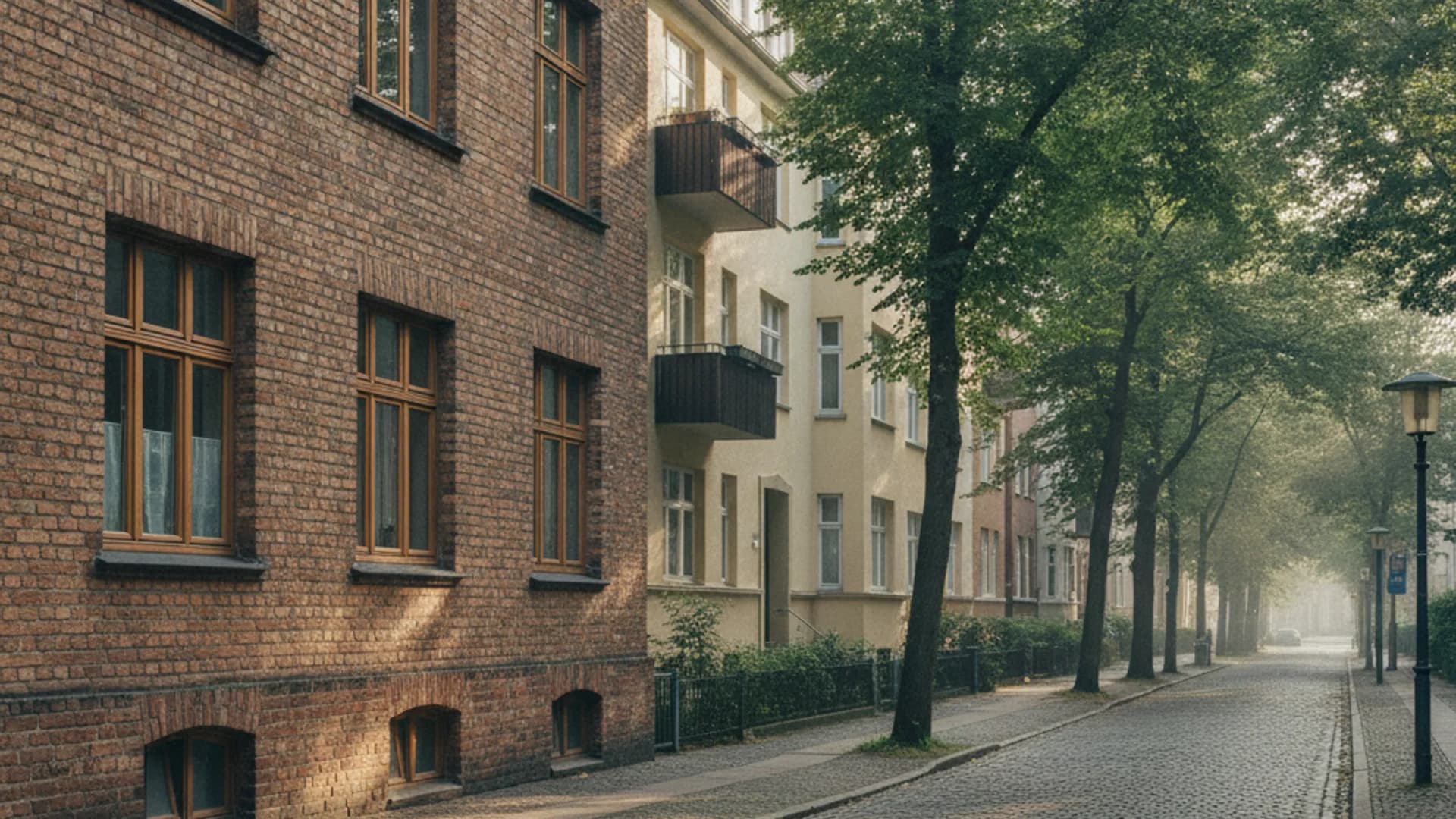Grüne Wohnstraße mit Nachkriegszeilen und Baumreihen in Hamburg-Horn