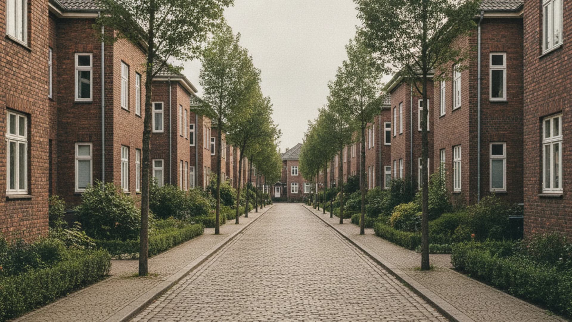 Gartenstadtstraße mit Backsteinhäusern und Vorgärten in Hamburg-Langenhorn