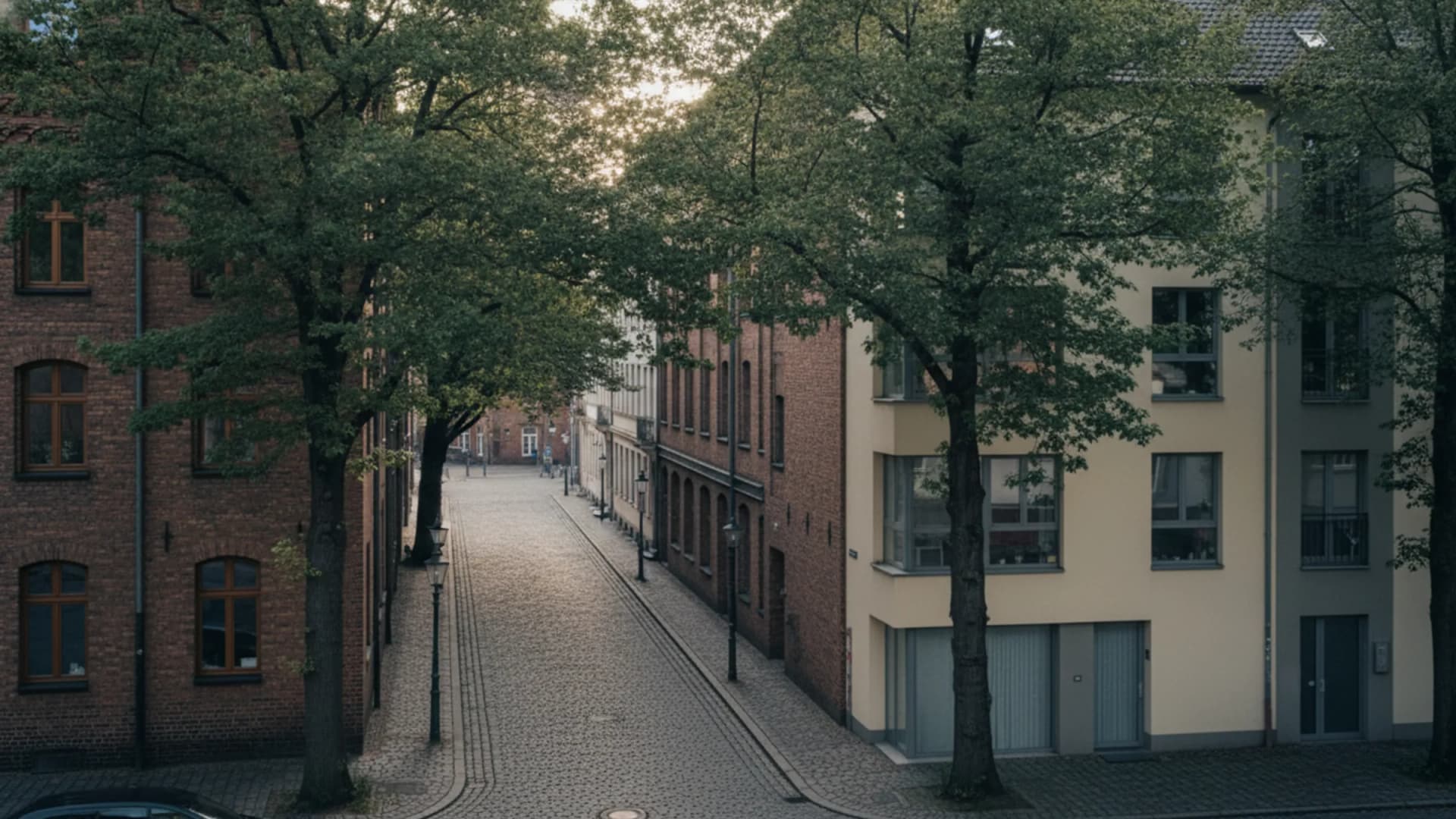 Wohnstraße mit Altbauten und jungen Stadthäusern unter Bäumen in Hamburg-Lokstedt
