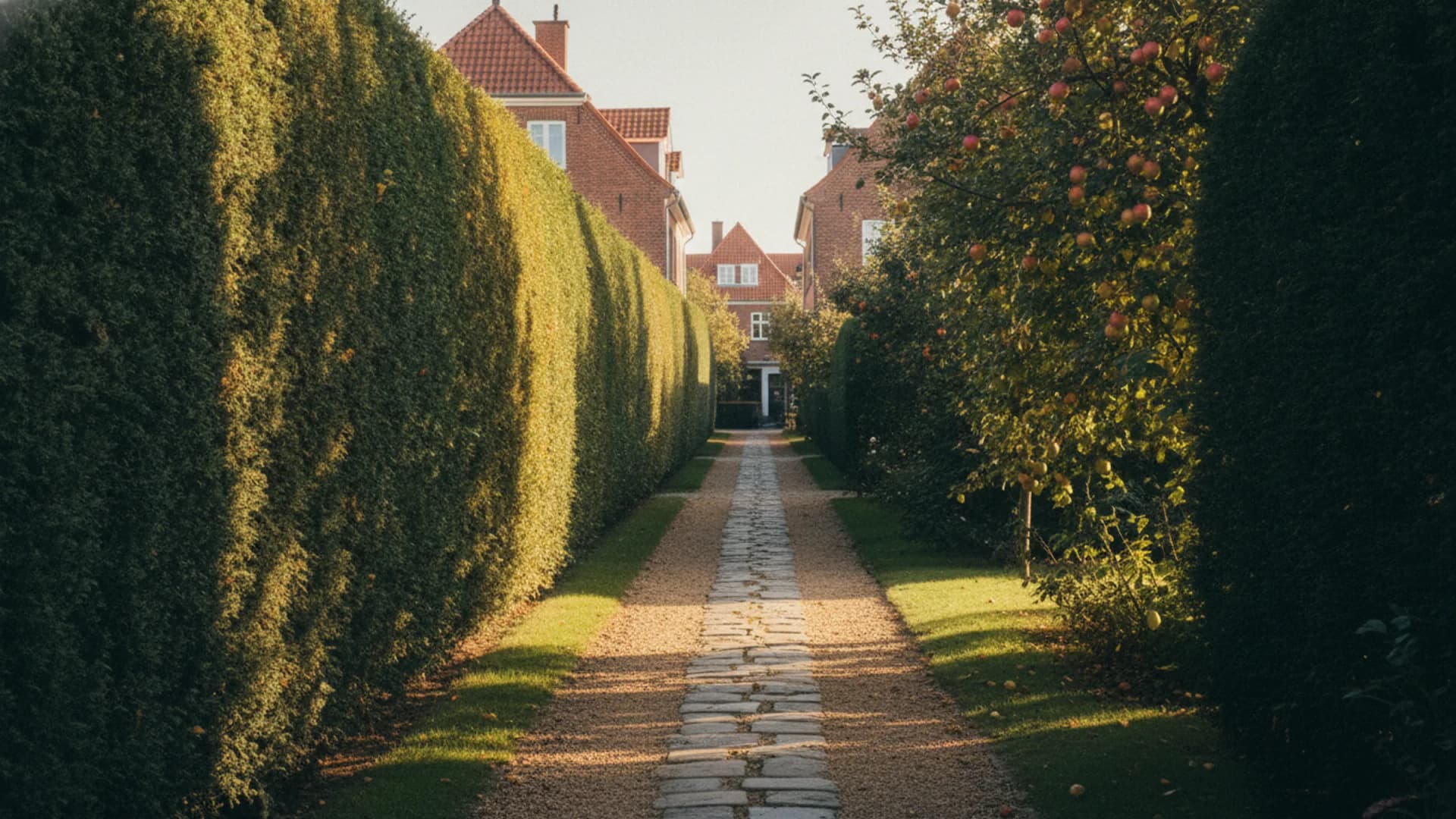 Gartensiedlungsstraße mit Hecken und Obstbäumen in Hamburg-Lurup