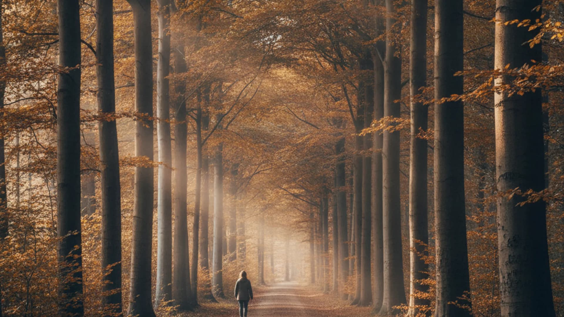 Waldweg mit hohen Buchen im Niendorfer Gehege bei Morgenlicht