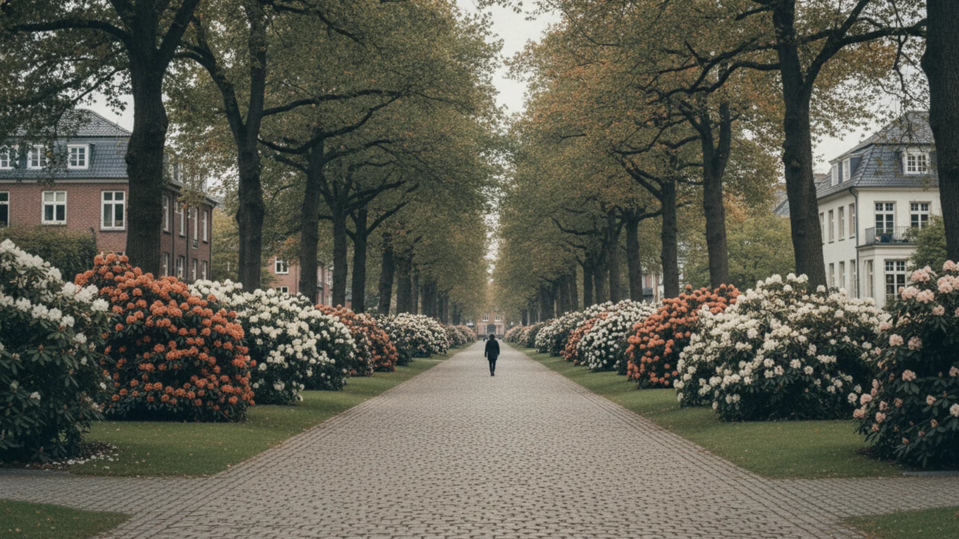 Allee mit altem Baumbestand und Rhododendren im Ohlsdorfer Parkfriedhof