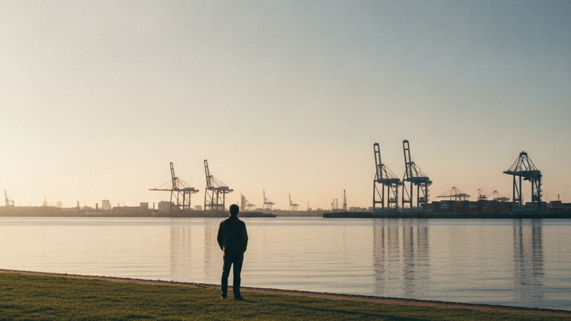 Elbufer mit Wiese und Blick auf Wasser und Kräne an der Billwerder Bucht in Hamburg-Rothenburgsort