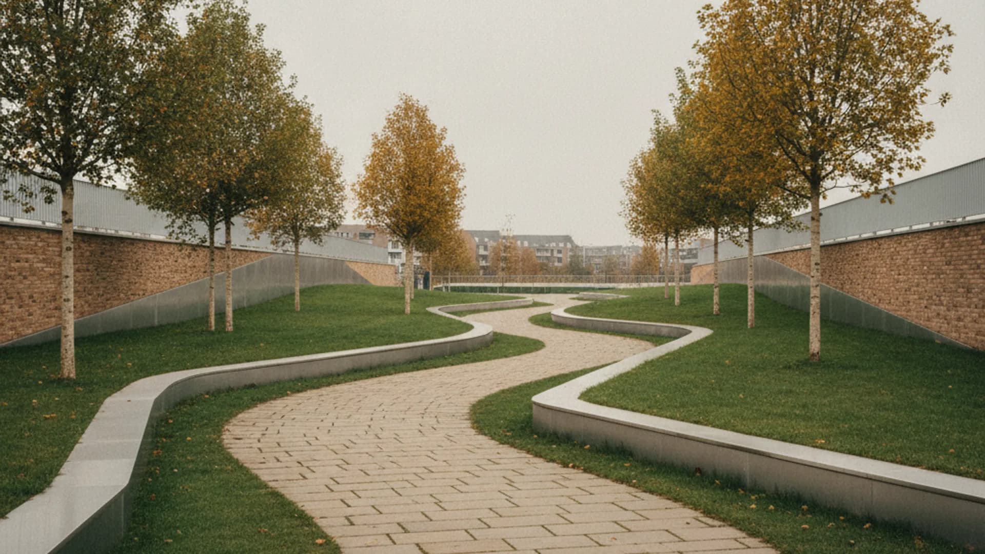 Grüner Deckelpark über der Autobahn mit Wegen und jungen Bäumen in Hamburg-Schnelsen