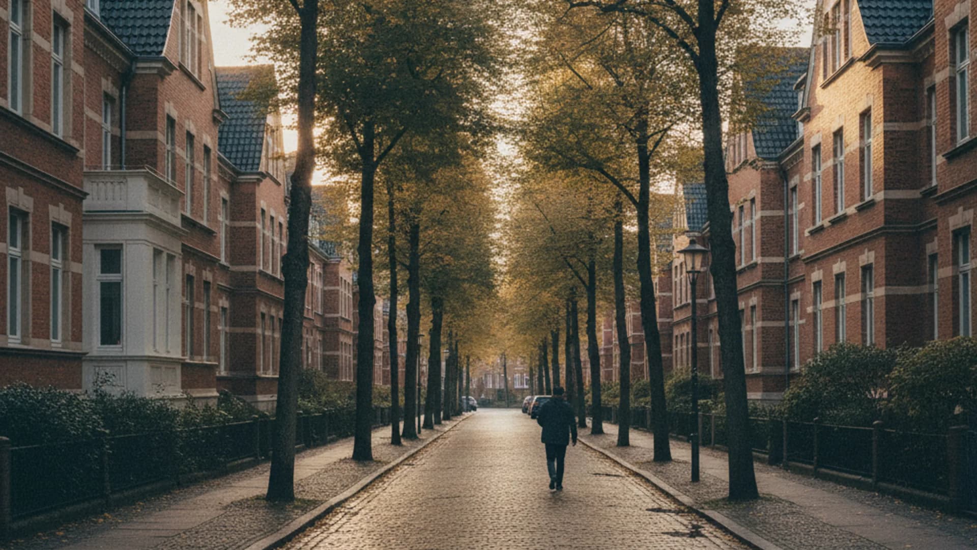 Wohnstraße mit Rotklinkerzeilen und Bäumen in Hamburg-Stellingen