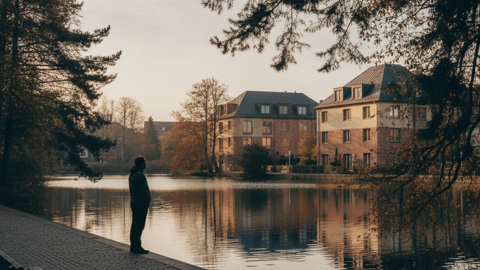 Uferweg am Außenmühlenteich mit Bäumen und stillem Wasser in Hamburg-Wilstorf