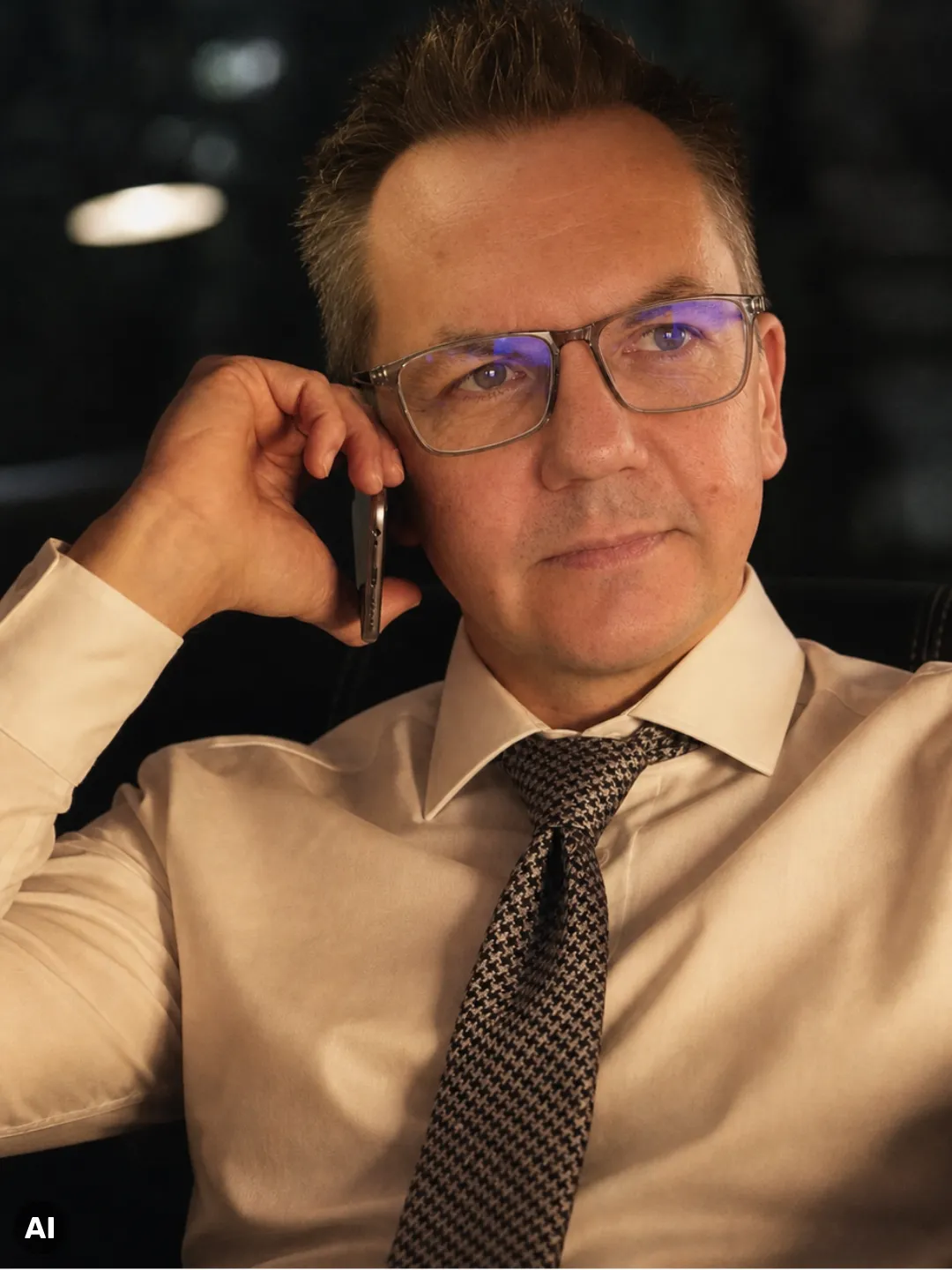 Matthias Schwier am Telefon, KI-generiertes Porträt mit Kennzeichnung