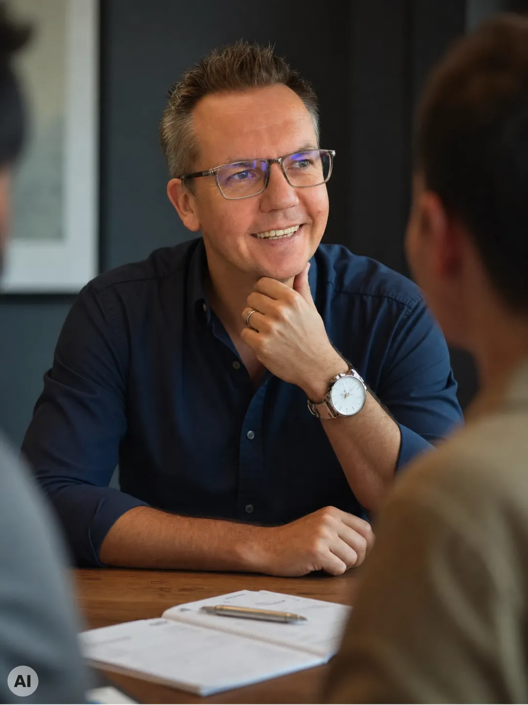 Matthias Schwier in der Besprechung am Tisch, dunkelblaues Hemd, Unterlagen vor sich, KI-generiert mit Kennzeichnung
