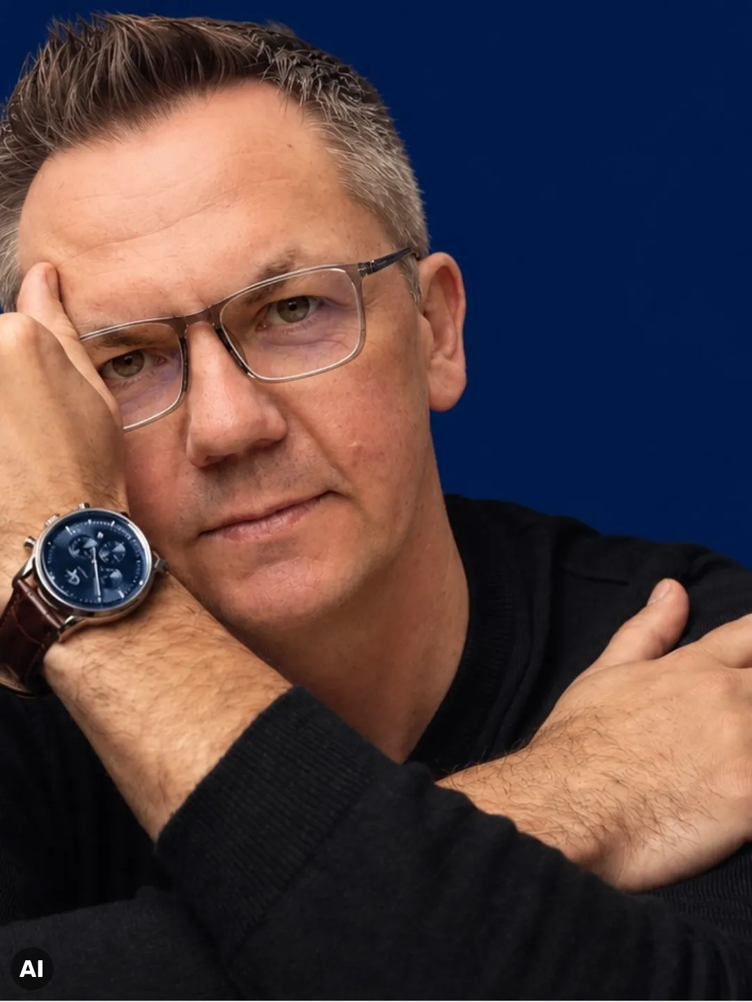 Matthias Schwier im schwarzen Pullover, Hand an der Schläfe, nachdenklicher Blick vor blauem Hintergrund, KI-generiert mit Kennzeichnung