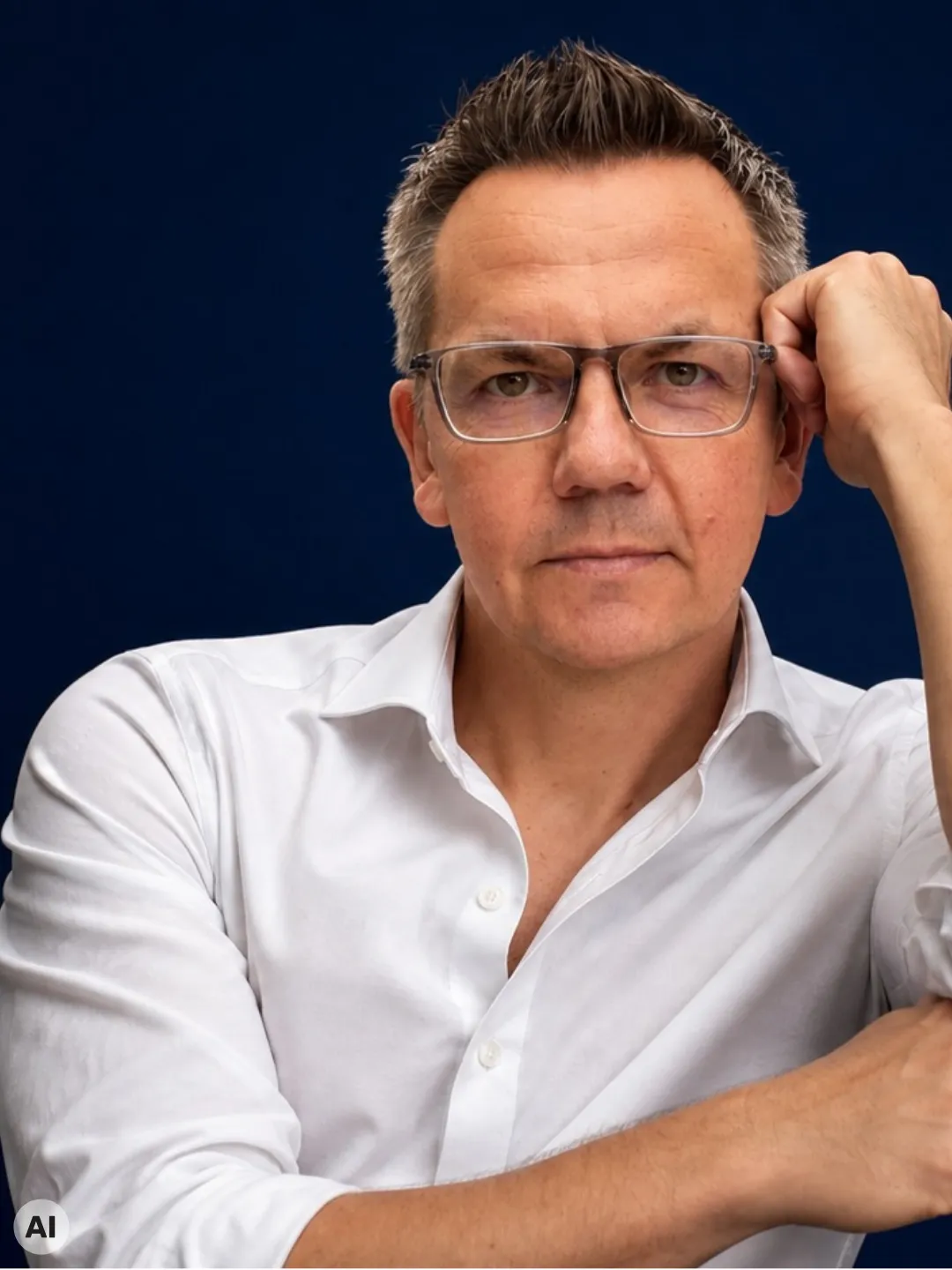 Matthias Schwier, Immobilienmakler in Hamburg, KI-generiertes Porträt vor tiefblauem Hintergrund.
