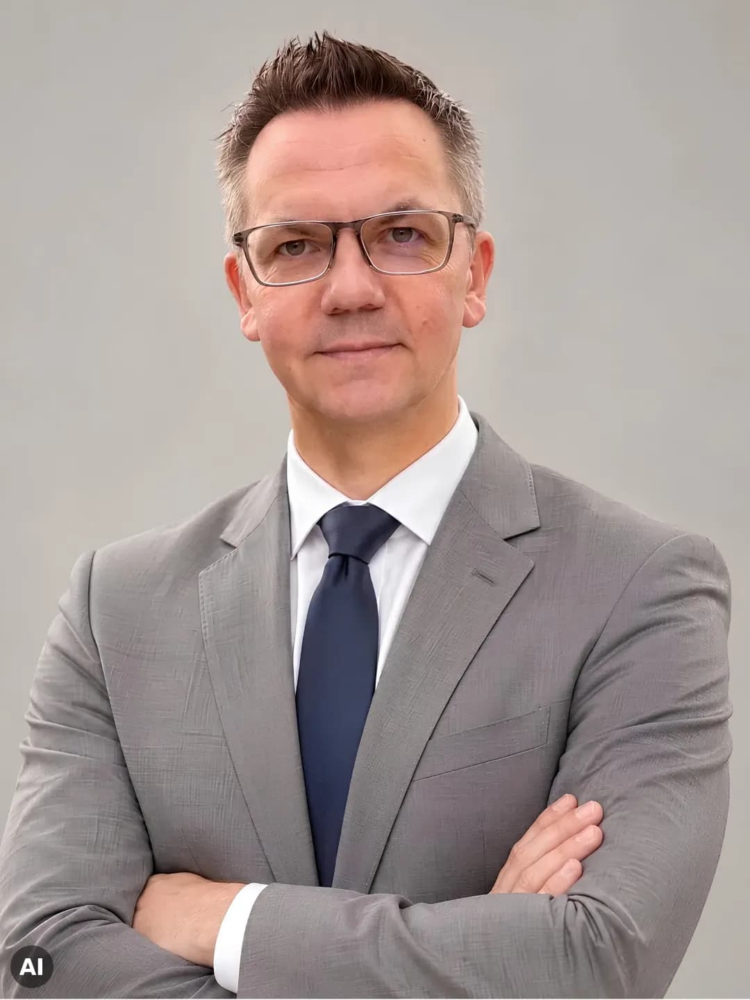 Matthias Schwier, Immobilienmakler in Hamburg, KI-generiertes Porträt im hellgrauen Anzug vor hellem Hintergrund.