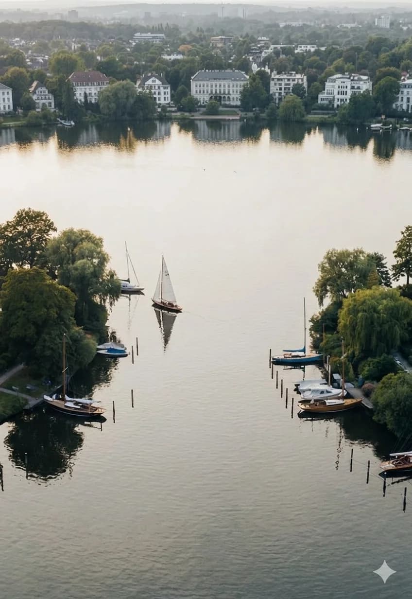 Außenalster im Abendlicht mit Blick auf Uhlenhorst
