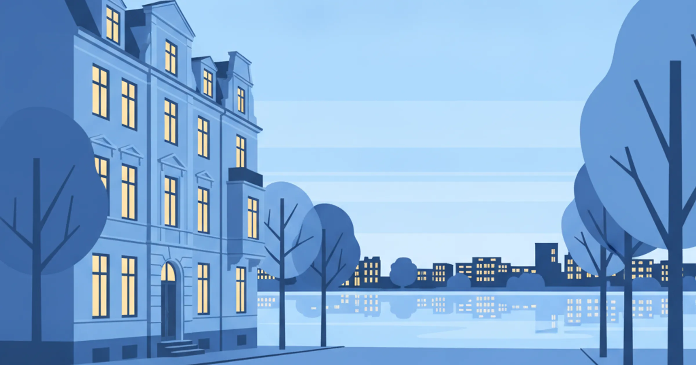 Elegantes Hamburger Zinshaus in Harvestehude an der Außenalster in ruhigem Morgenlicht, Symbol für internationales Kapital in den Alsterlagen