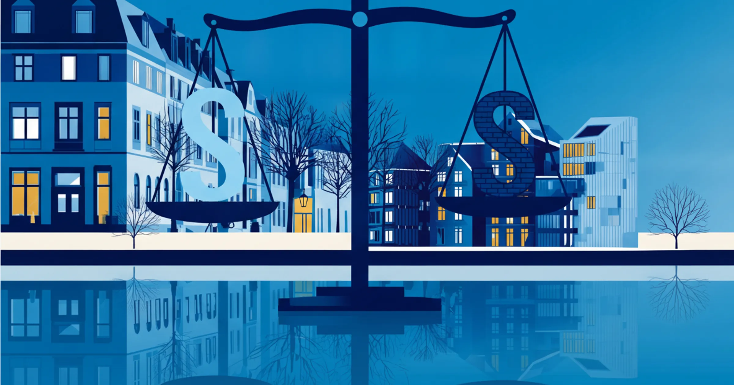 Illustration einer Waage vor Hamburger Gründerzeit- und Neubaufassaden am Wasser: in der einen Schale ein helles, leichtes Paragrafenzeichen, in der anderen ein schweres, gemauertes