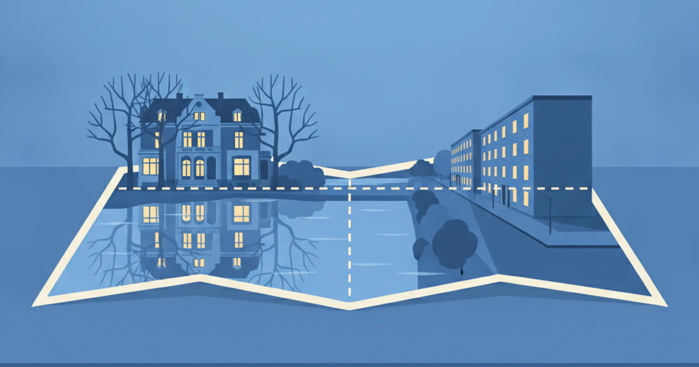 Stilisierter Hamburger Stadtplan, eine gestrichelte Verwaltungsgrenze trennt eine Gründerzeitvilla am Wasser von einem schlichten Backsteinwohnblock