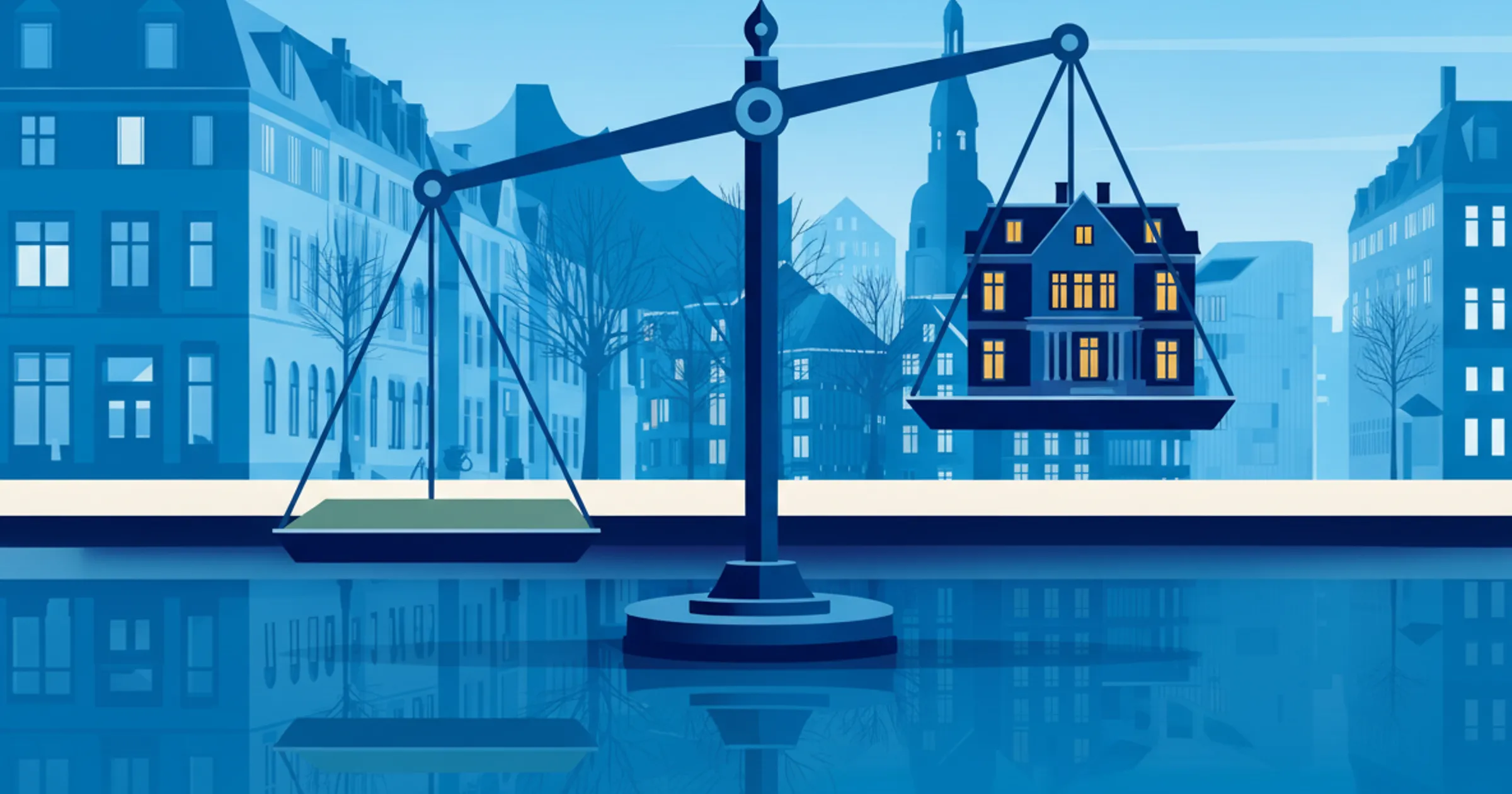 Illustration einer Waage vor Hamburger Stadtsilhouette: die Schale mit dem unbebauten Grundstück senkt sich, die Schale mit der beleuchteten Stadtvilla bleibt oben