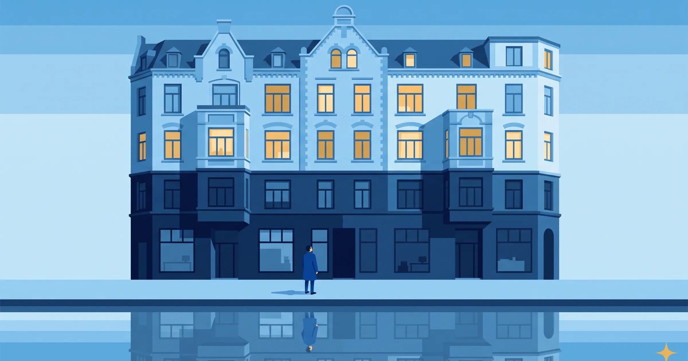 leeres Großraumbüro mit Fensterfront auf die Außenalster, Nachmittagslicht auf Teppichboden, ein einzelner Schreibtisch