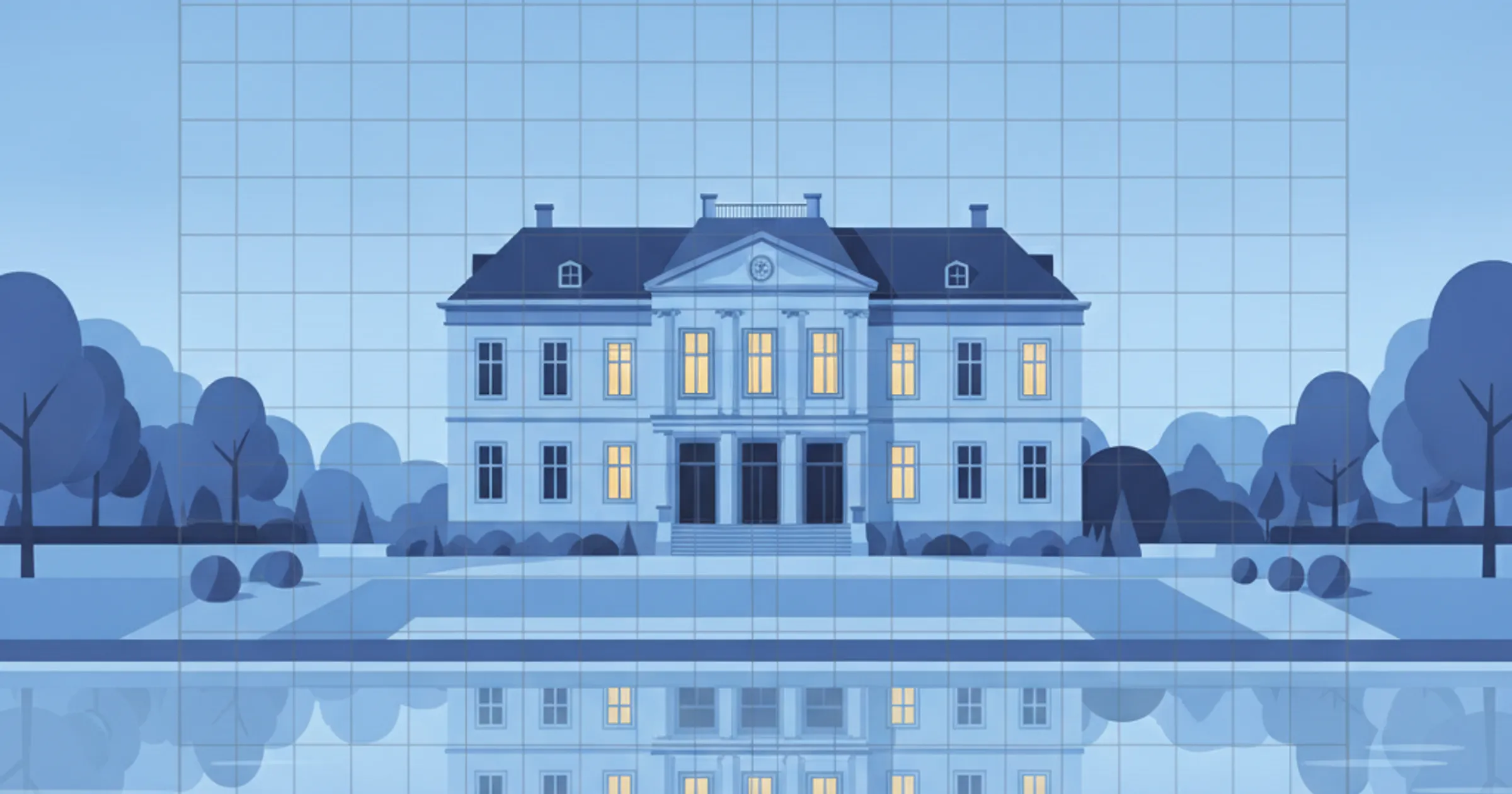Illustration einer Hamburger Alster-Villa am Wasser, überzogen von einem feinen Flächenraster als Sinnbild des Flächenmodells der Grundsteuer