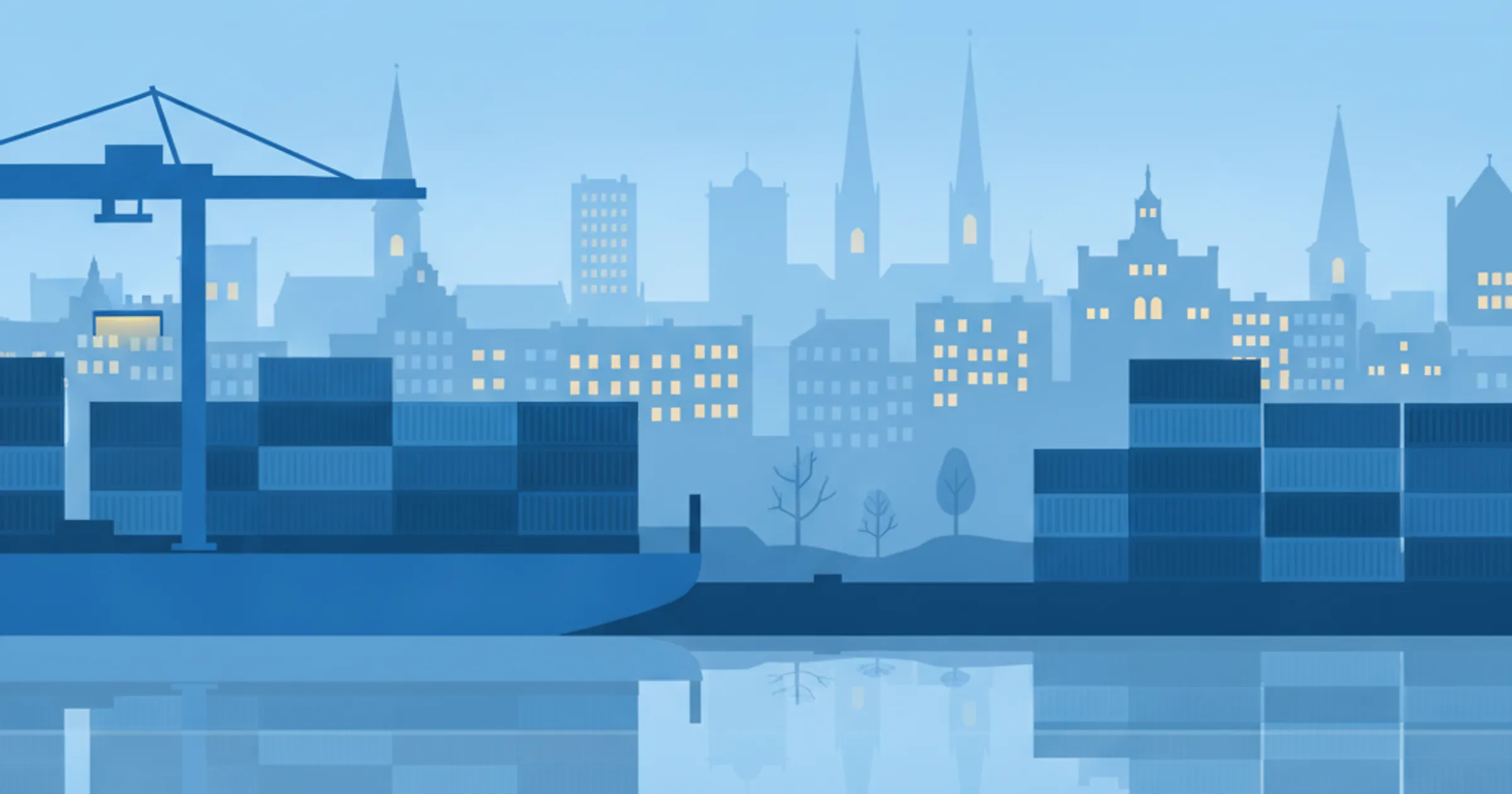 Illustration des Hamburger Hafens bei diesigem Morgenlicht: links ein Portalkran und Containerstapel am Kai, rechts weitere Containerreihen, dazwischen ein schmaler Streifen unbebauter Boden mit kahlen Bäumen, dahinter die Stadtsilhouette mit Kirchtürmen und beleuchteten Wohnhäusern