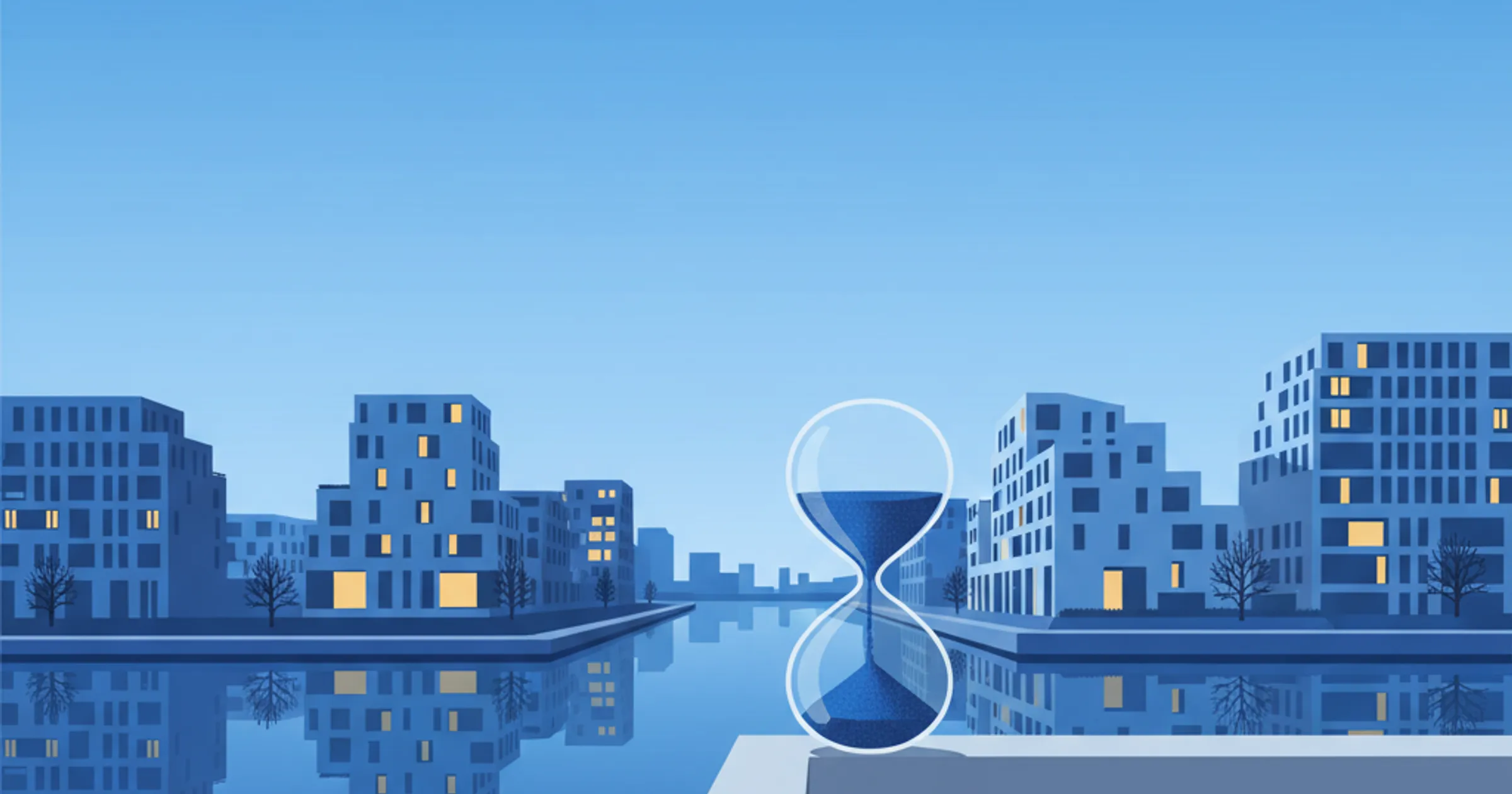 HafenCity-Wohnquartier am Wasser mit Sanduhr-Motiv und Spiegelung, Sinnbild für Erbbaurecht und Wiederverkauf