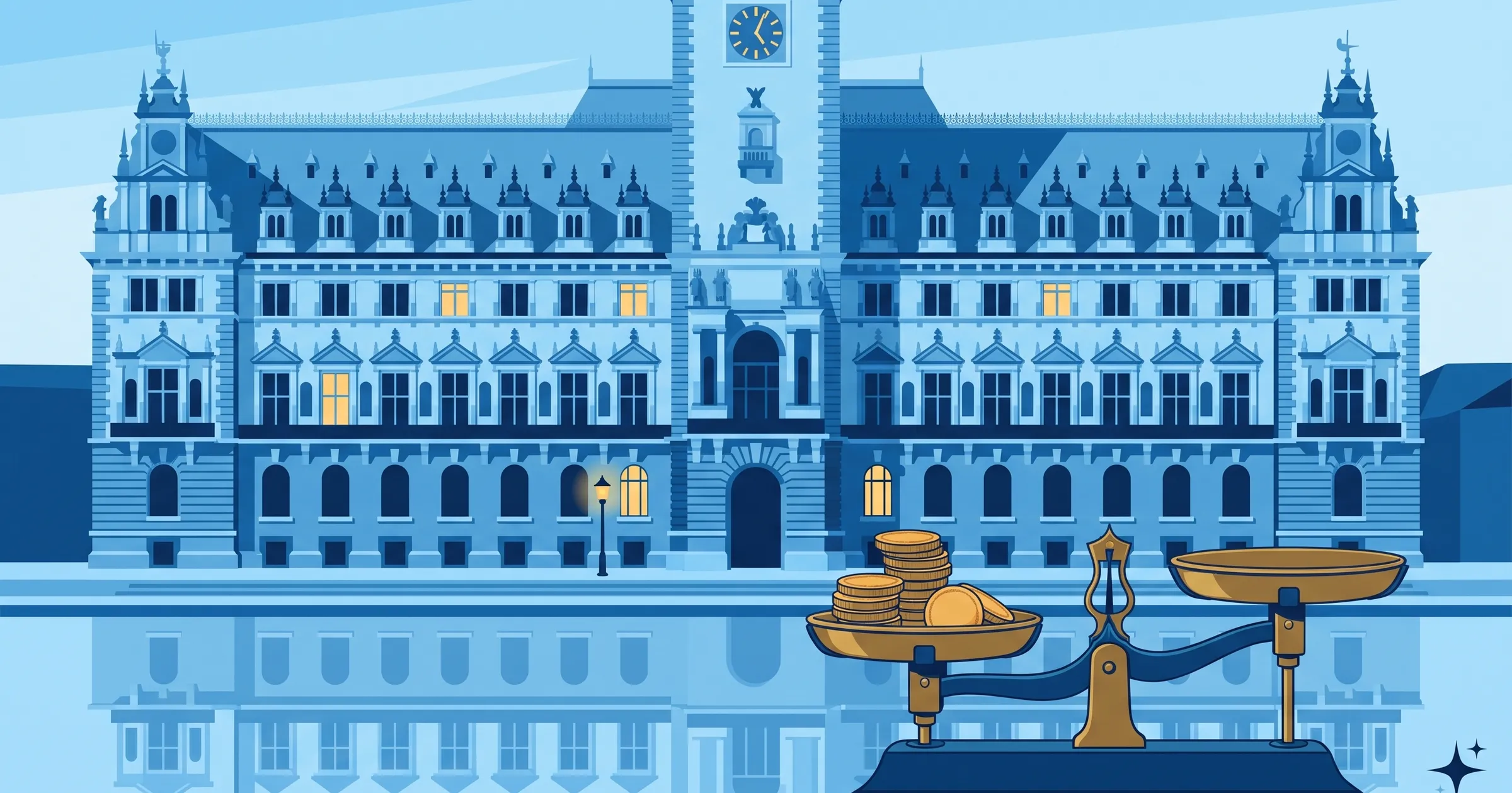 Hamburger Rathaus mit Alsterarkaden im Nachmittagslicht, davor ein aufgeschlagenes Rechnungsbuch